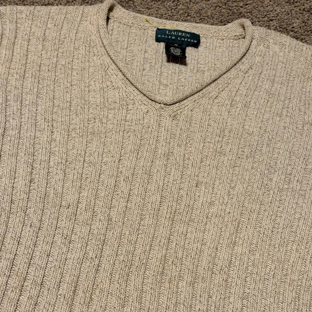 Lauren Ralph Lauren Womens M Beige Ribbed Silk Linen Cotton V Neck Sweater